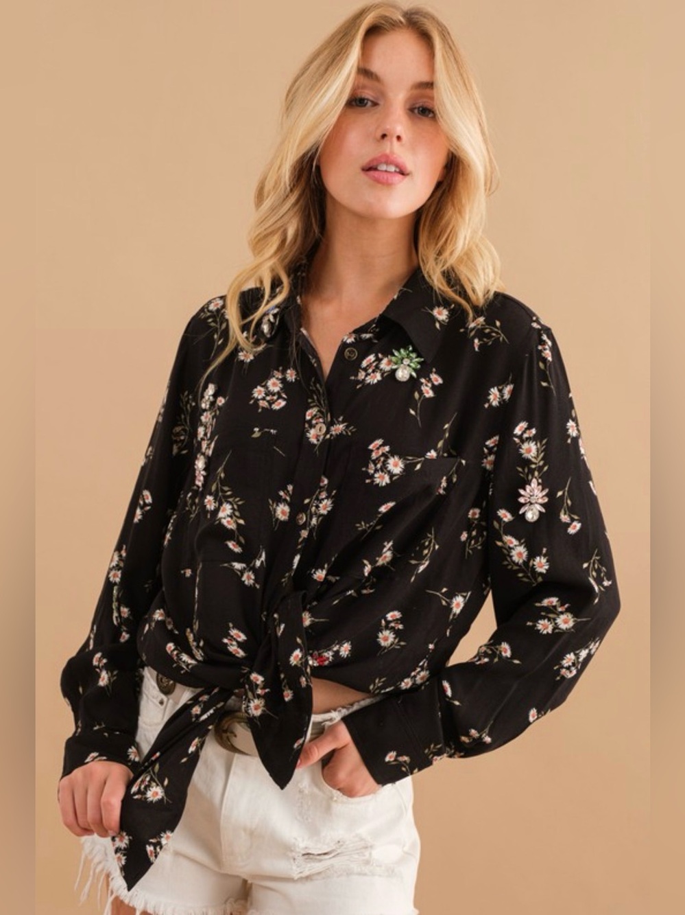 Black Floral Tie-Front Button-Down Shirt